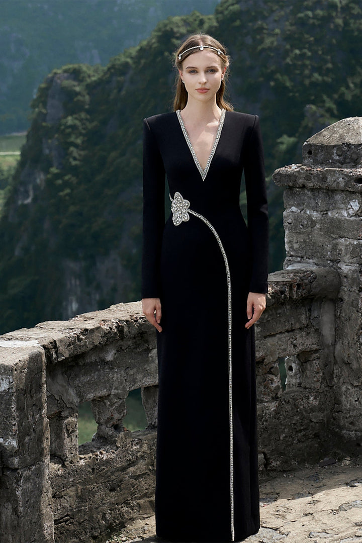 Velvet Satin Long-Sleeved Column Dress