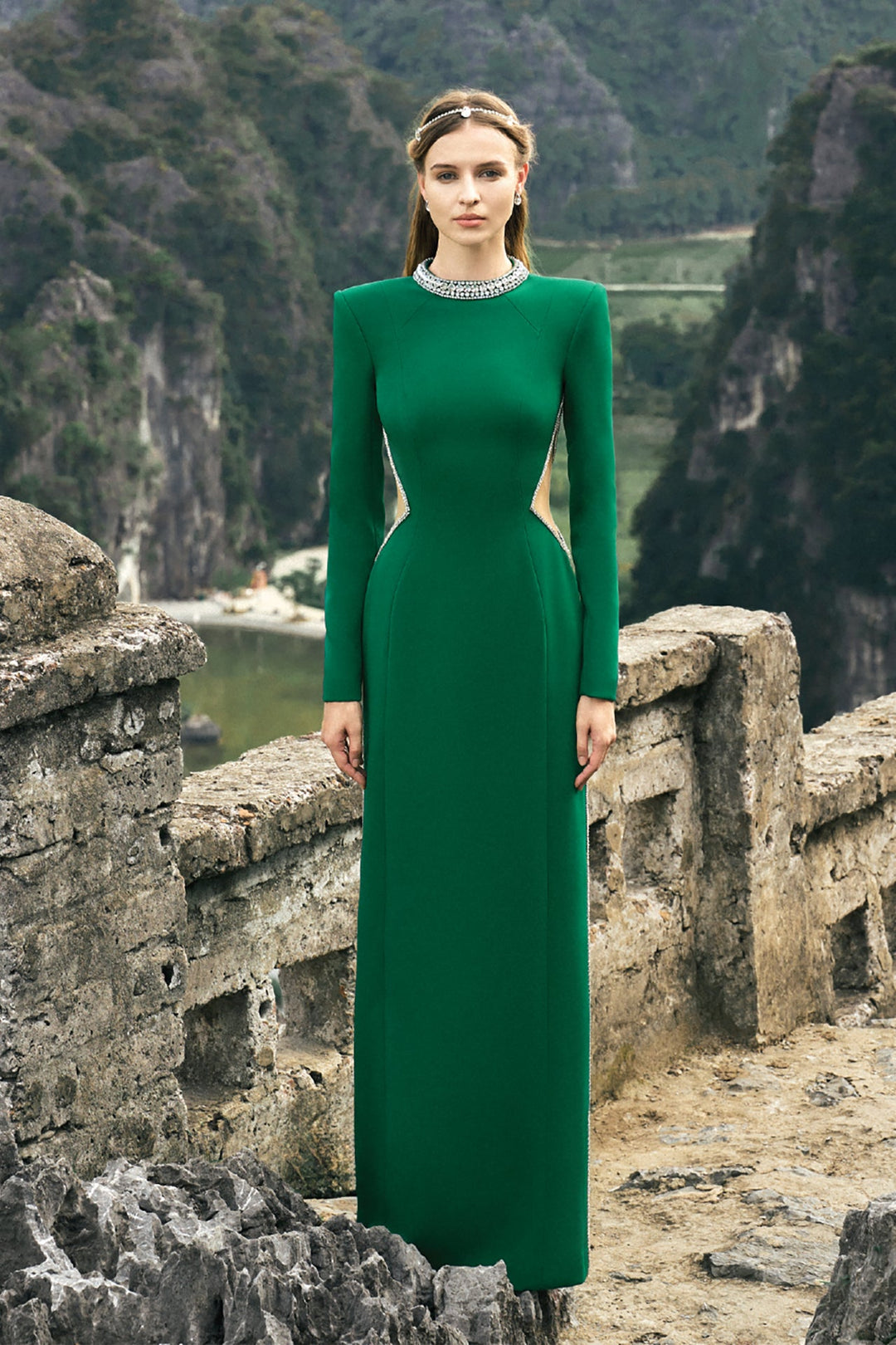 Velvet Satin Long-Sleeved Column Dress Green / FR 48 Velvet Satin Long-Sleeved Column Dress Green / FR 48