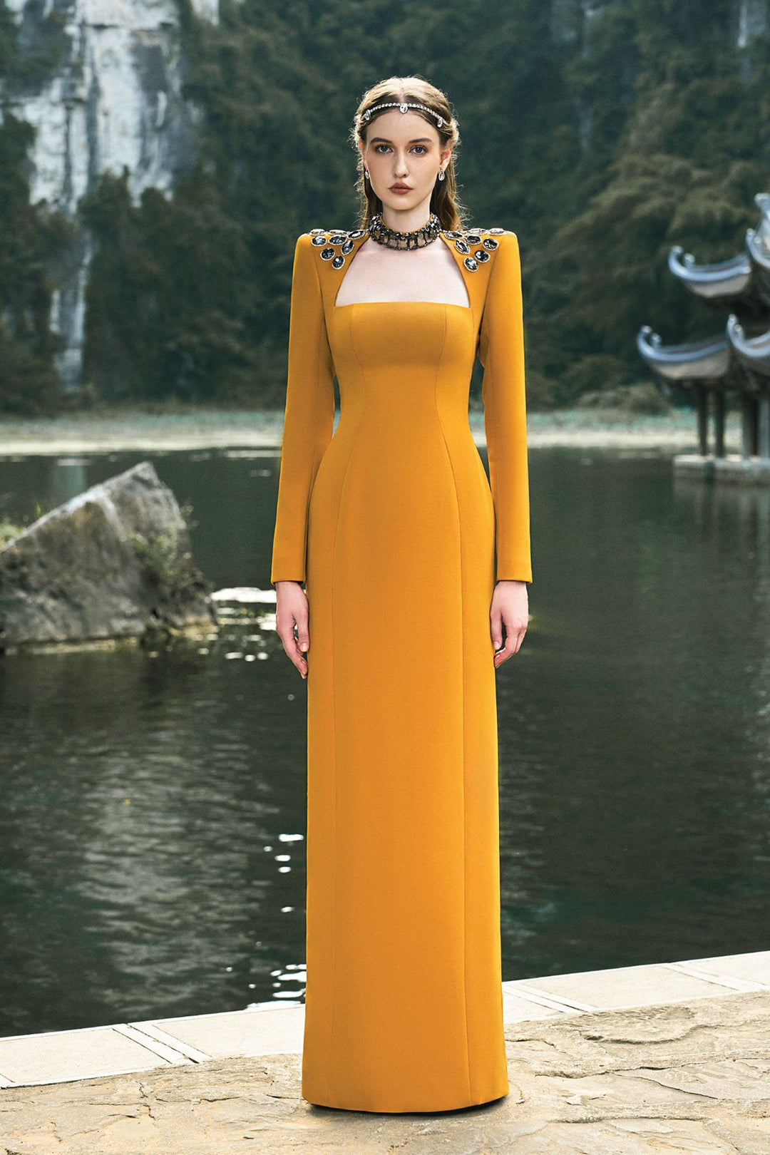 Velvet Satin Long-Sleeved Column Dress – DESIGN