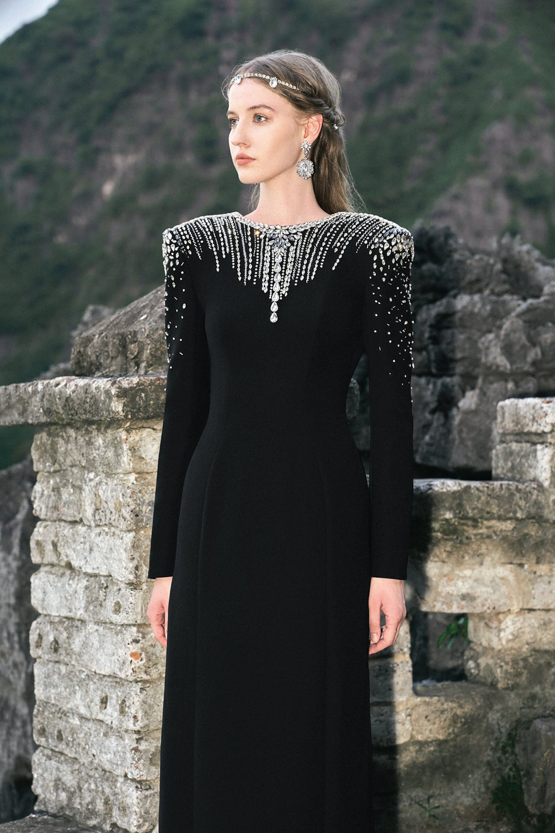 Velvet Satin Long-Sleeved Dress with Embroidery
