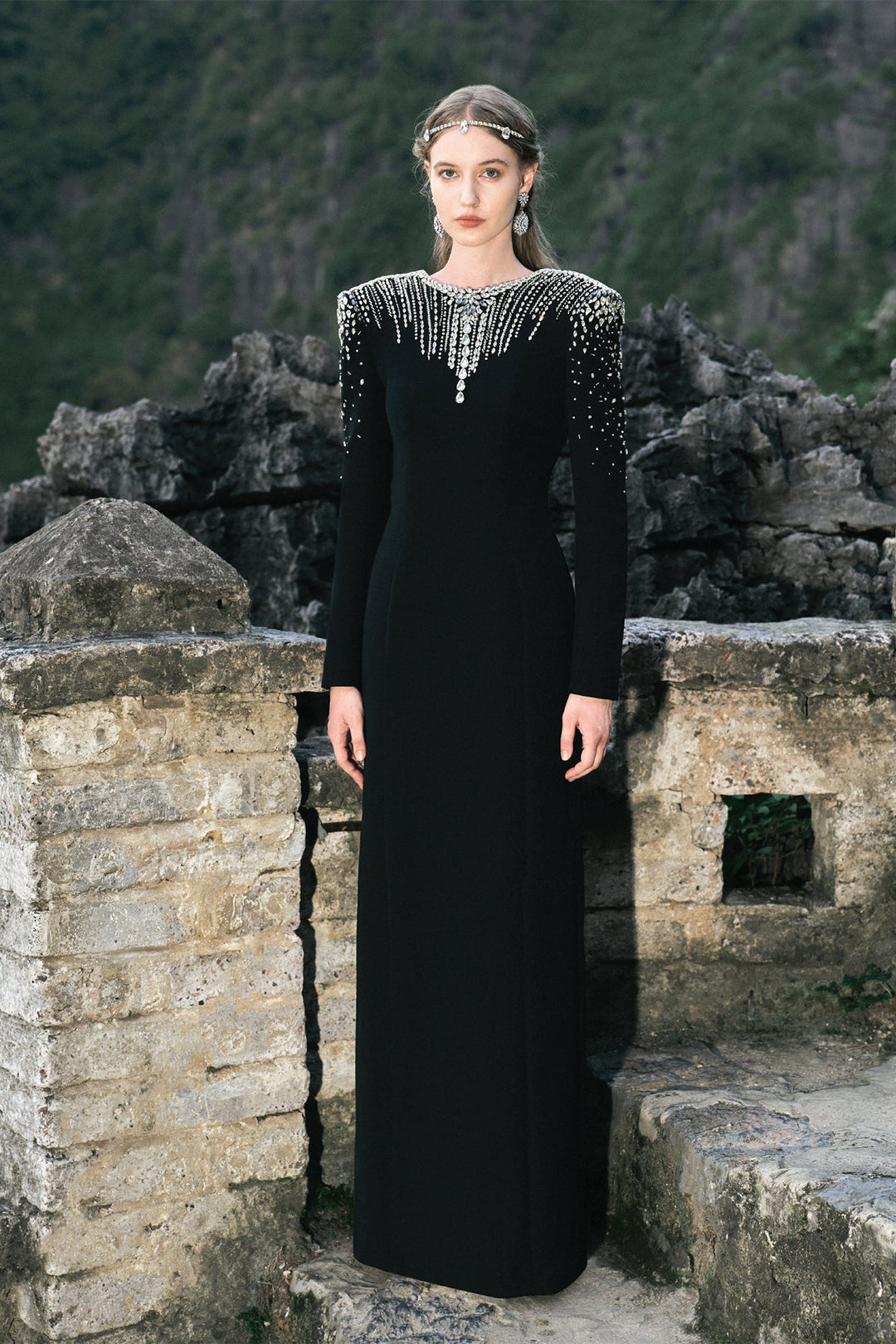 Velvet Satin Long-Sleeved Dress with Embroidery Black / FR 46 Velvet Satin Long-Sleeved Dress with Embroidery Black / FR 46