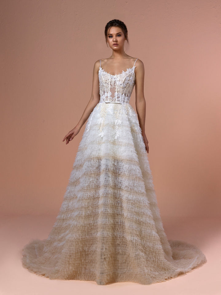 Sleeveless Tulle Embroidered A-line Dress with Ruffles