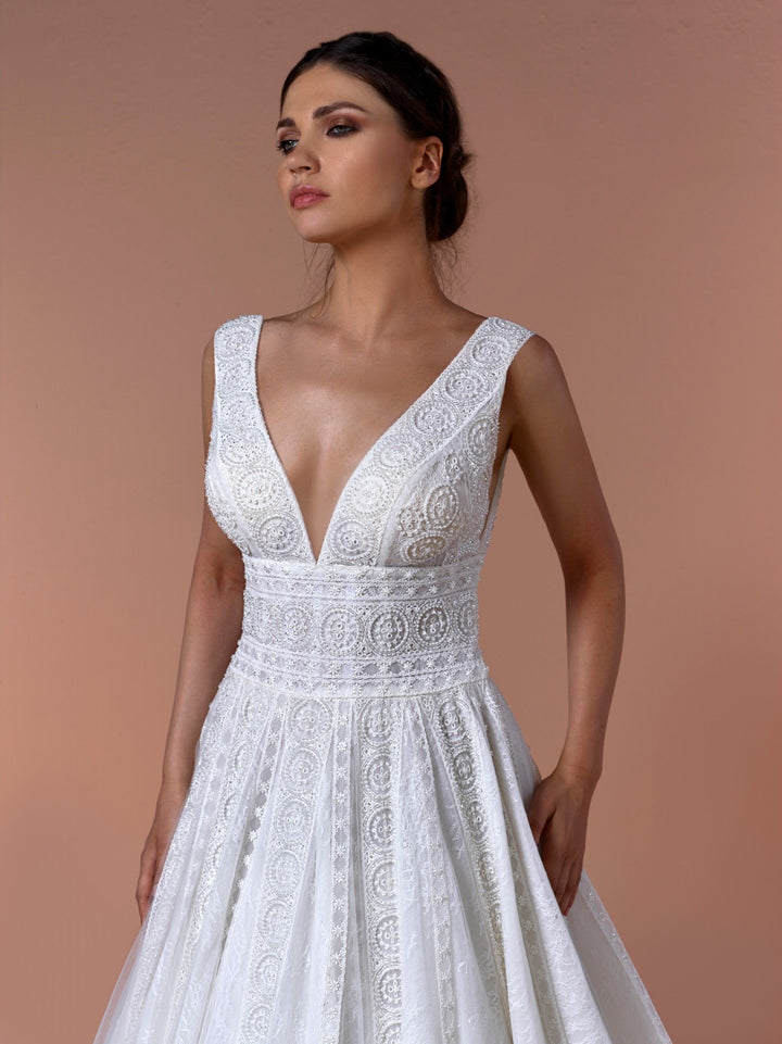 Sleeveless Lace and Guipure A-line Dress