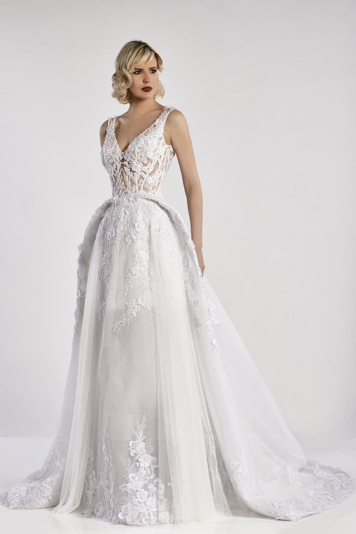 Sleeveless Tulle A-line Dress with Embroidery and Draping