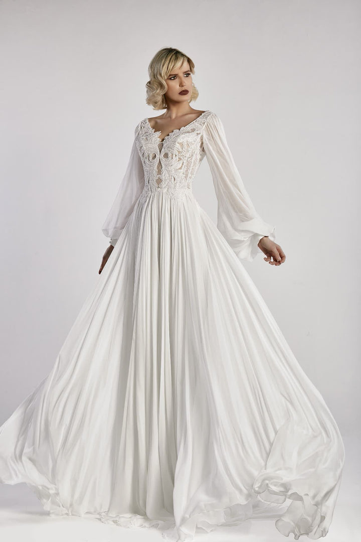 Long-Sleeved A-line Flared Dress with Embroidery