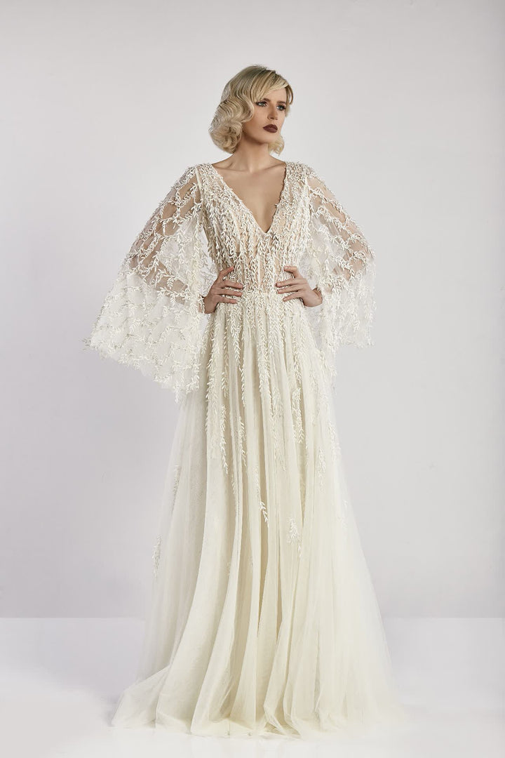 Tulle Embroidered A-line Dress with Batwing Sleeves