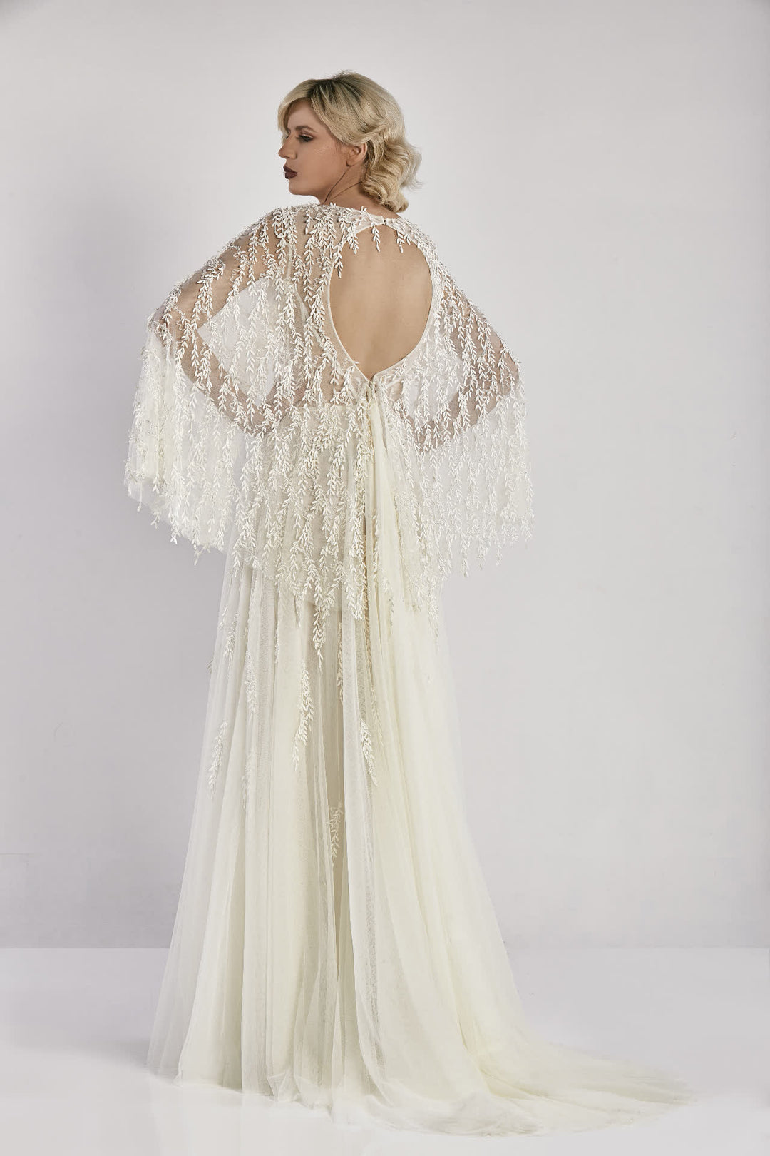 Tulle Embroidered A-line Dress with Batwing Sleeves