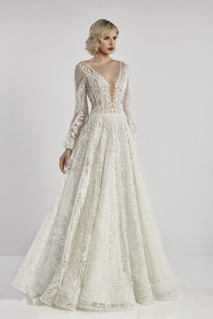 Tulle Embroidered Long-Sleeved A-line Dress