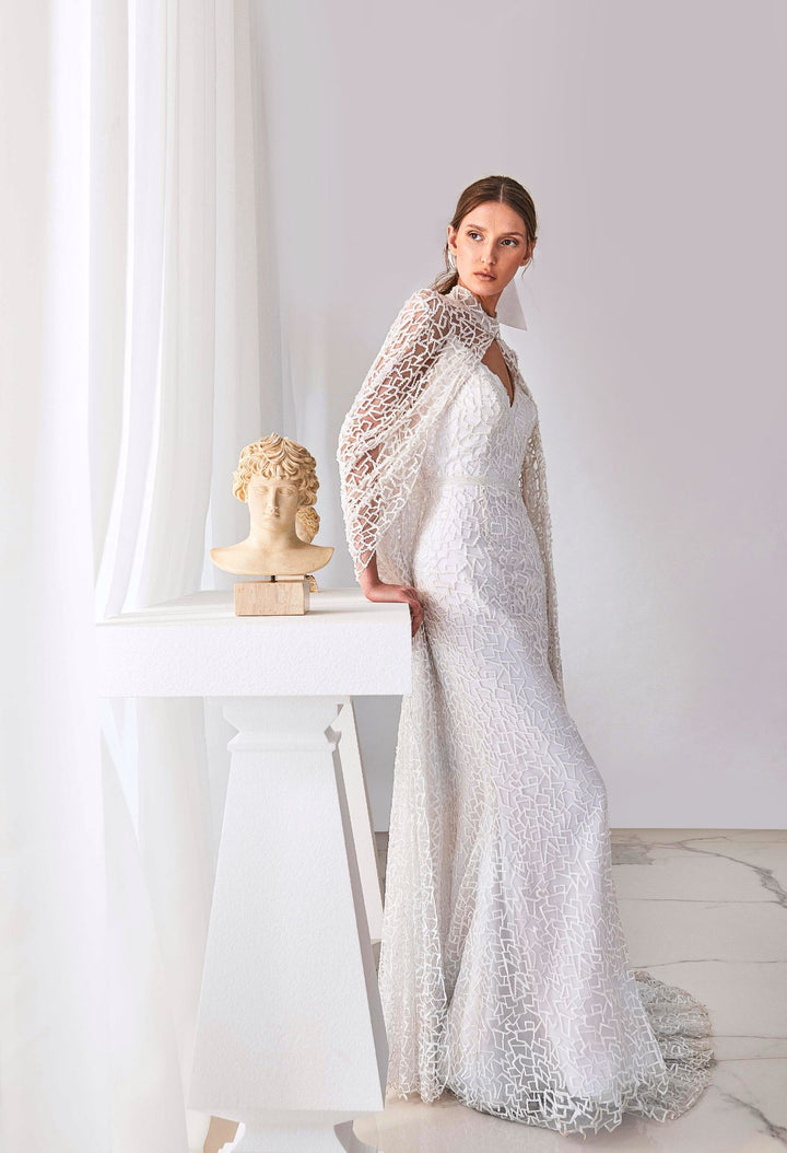 Sleeveless Lace Mermaid Dress with Embroidered Cape