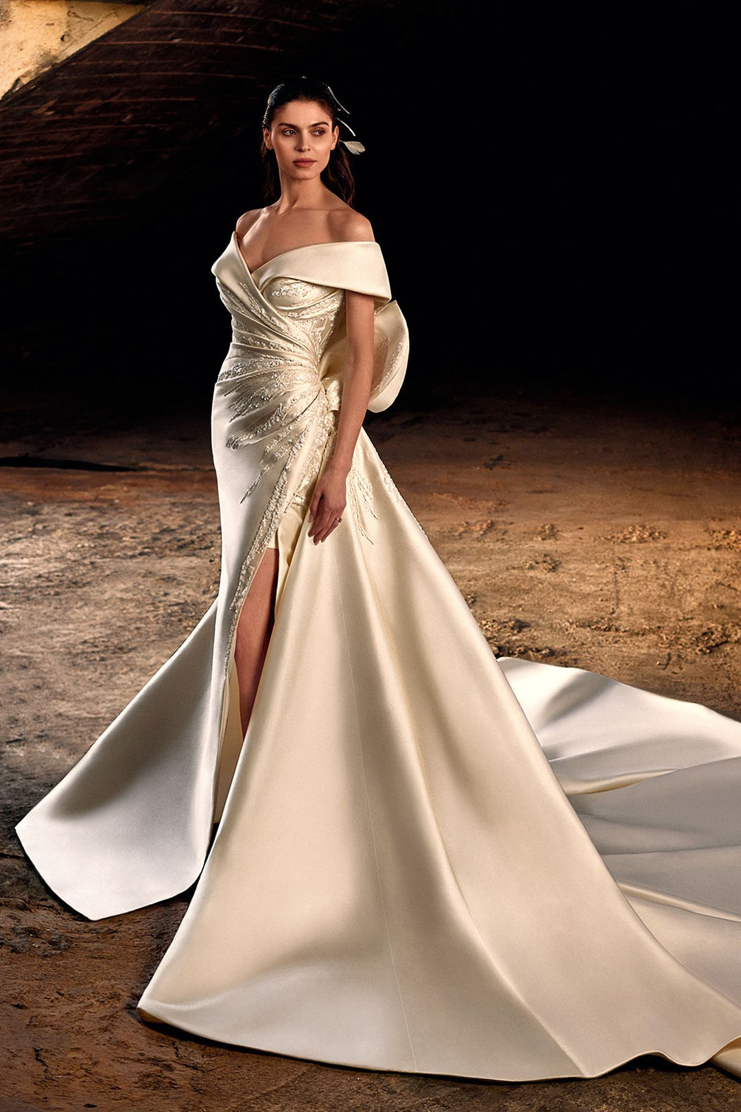 Off-The-Shoulder Draped Fitted Dress with Train and Embroidery M.R DESIGN Off-The-Shoulder Draped Fitted Dress with Train and Embroidery M.R DESIGN