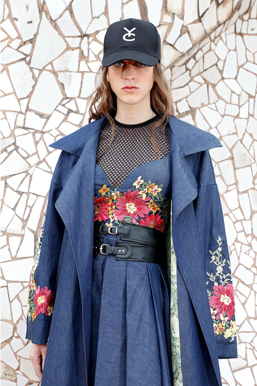 Fishnet Top, Jeans Crop Top, Skirt, and Jeans Coat