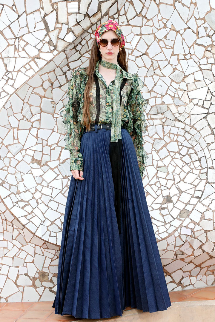 Long Printed Shirt, and A-line Pleated Skirt