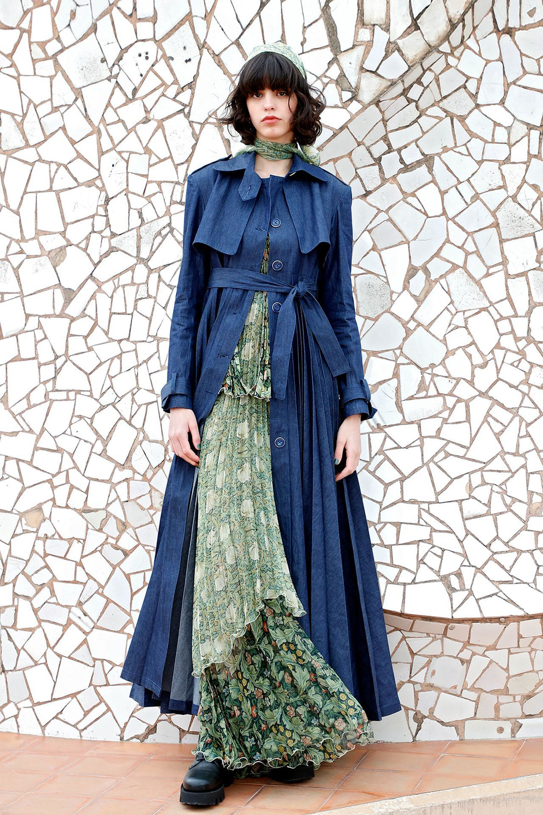 Strapless Printed Dress with Jeans Trench Coat Multicolor / FR 40 Strapless Printed Dress with Jeans Trench Coat Multicolor / FR 40