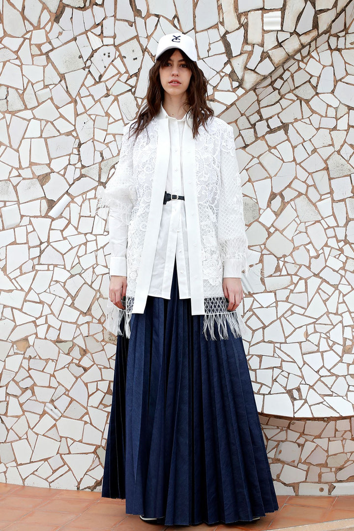 Shirt, Lace Embroidered Jacket, and Pleated Pants