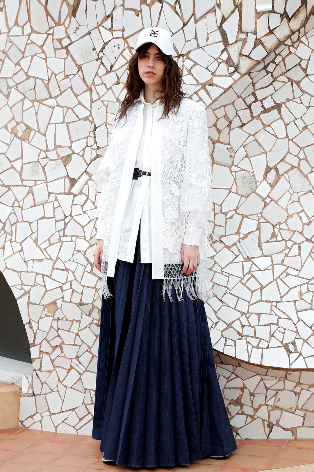 Shirt, Lace Embroidered Jacket, and Pleated Pants