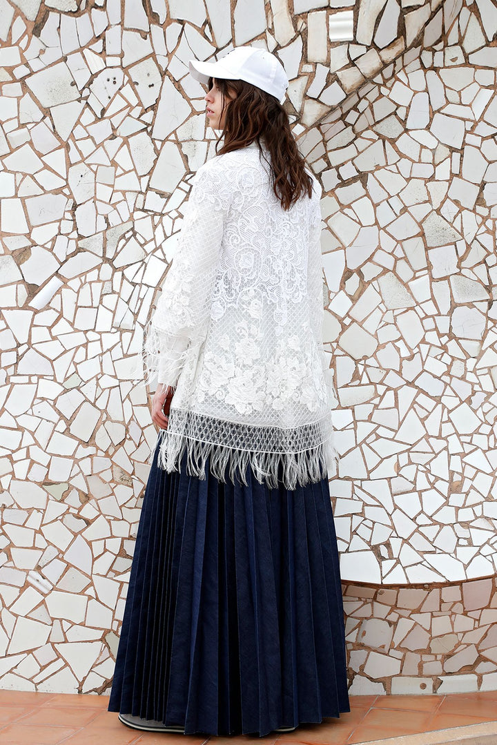 Shirt, Lace Embroidered Jacket, and Pleated Pants