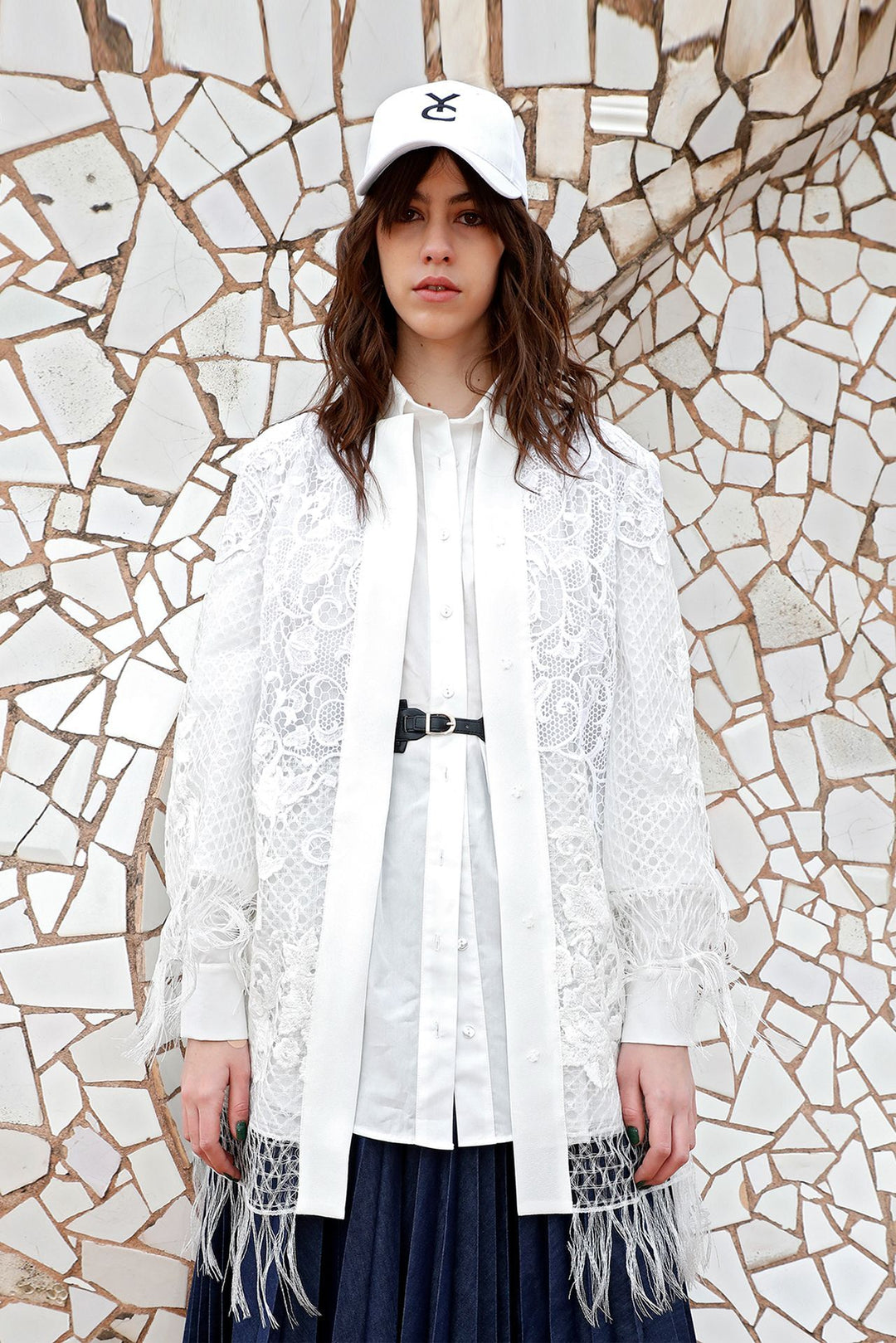 Shirt, Lace Embroidered Jacket, and Pleated Pants