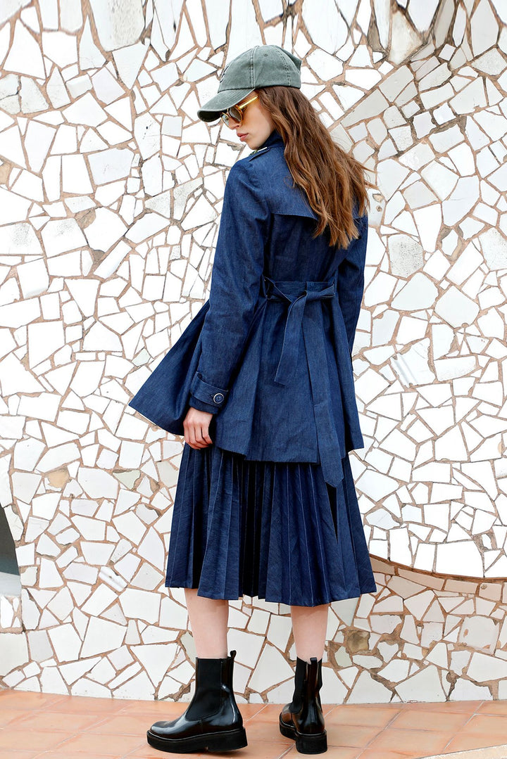 Jeans Coat and Pleated Midi Skirt