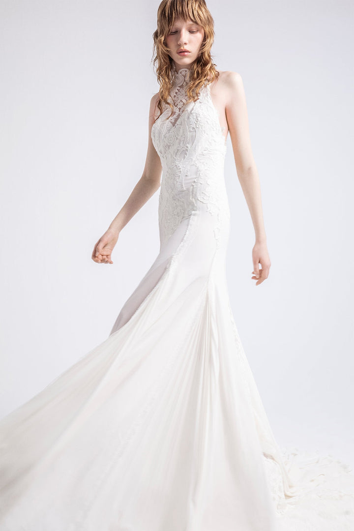 Embroidered Chiffon Fit-and-Flared Wedding Dress