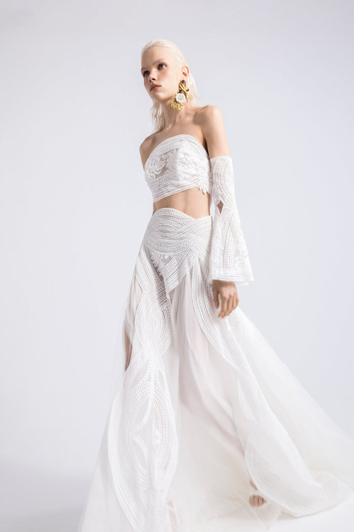 Embroidered Crop Top with Flared Skirt