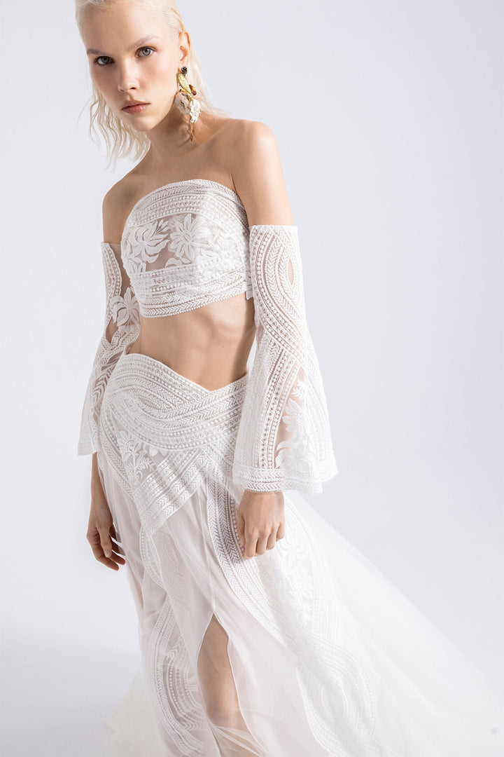 Embroidered Crop Top with Flared Skirt