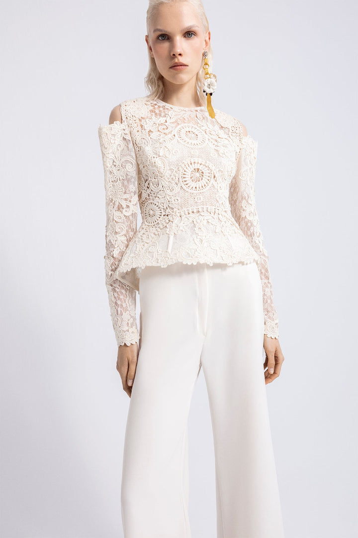 Floral Lace Long-Sleeved Top with Pants