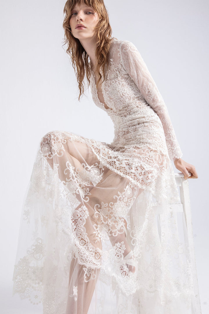 Long-Sleeved Lace Flared Wedding Dress