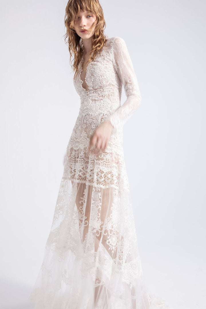 Long-Sleeved Lace Flared Wedding Dress