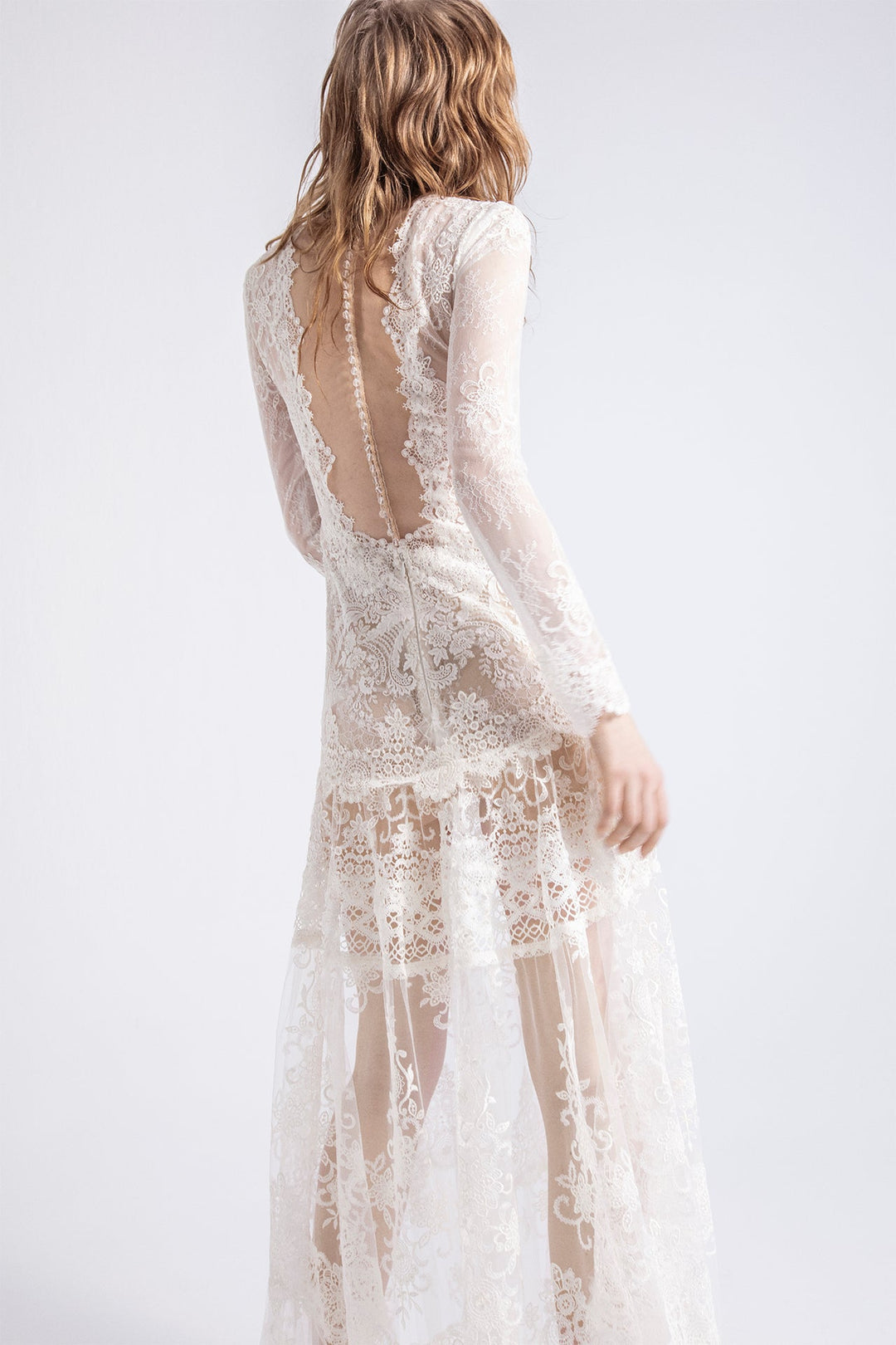 Long-Sleeved Lace Flared Wedding Dress