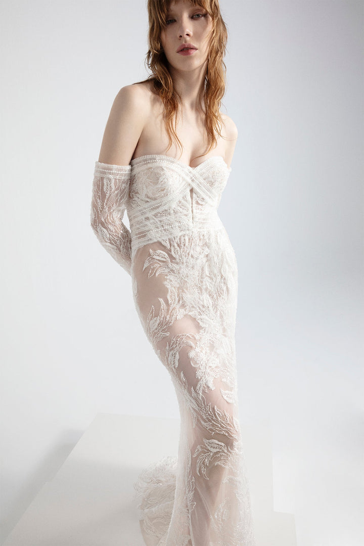 Floral Lace Off-The-Shoulder Dress with Taffeta Bolero