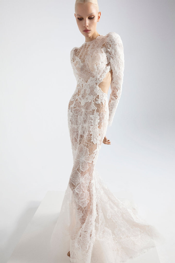 Floral Lace and Tulle Long-Sleeved Mermaid Dress