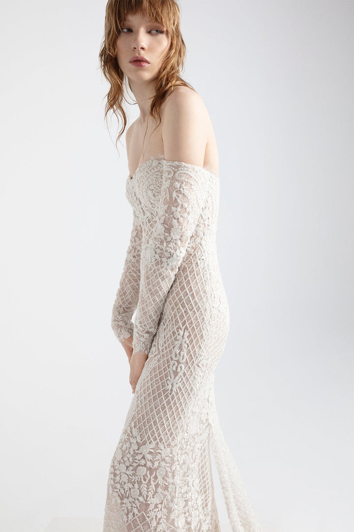 Guipure and Mesh Off-The-Shoulder Mermaid Dress