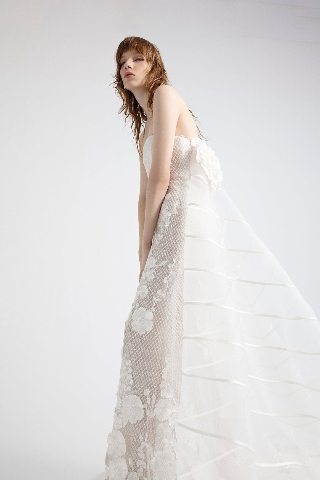 Embroidered Strapless Mermard Dress with Silk Flowers