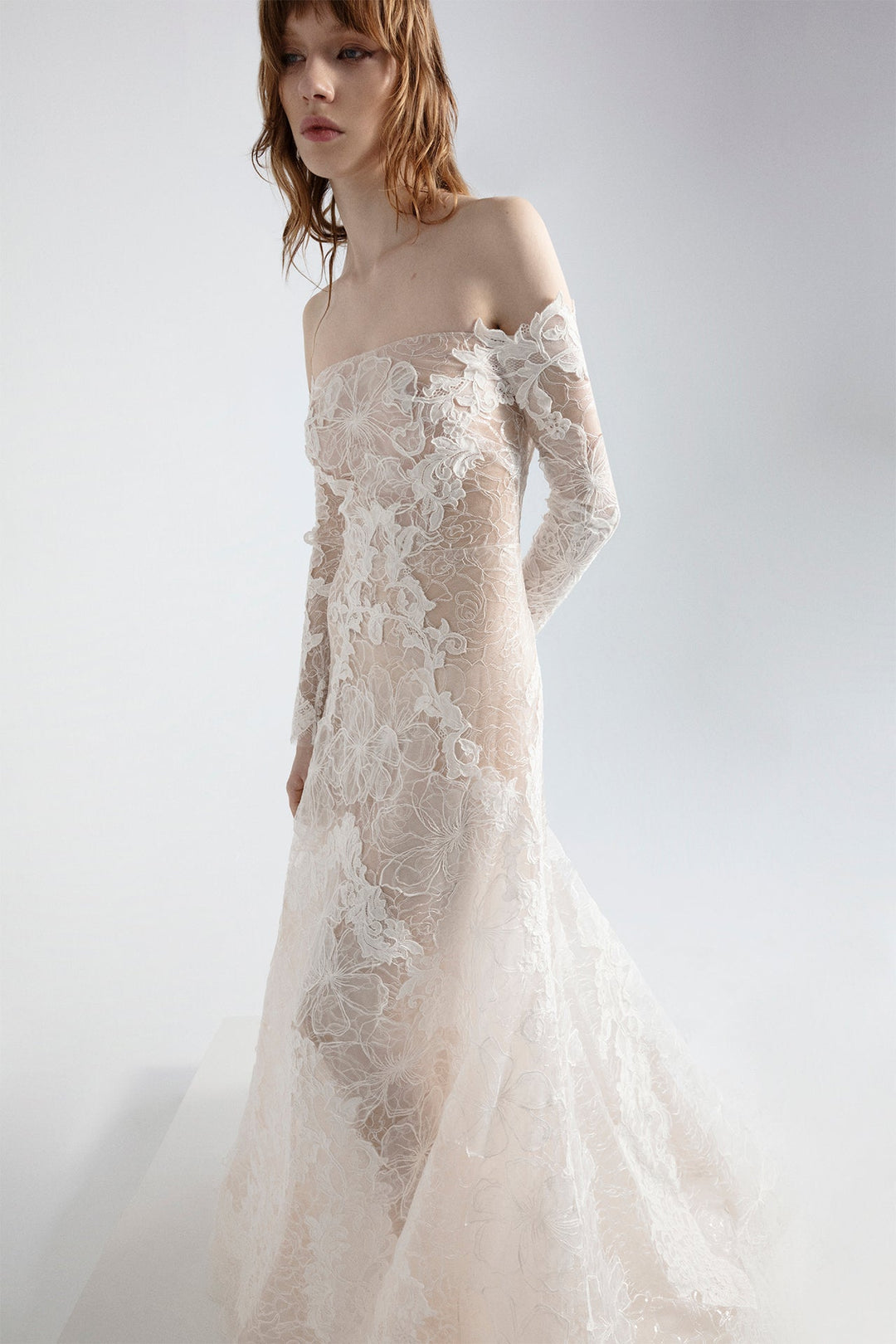 Tulle and Floral Lace Off-The-Shoulder A-line Dress