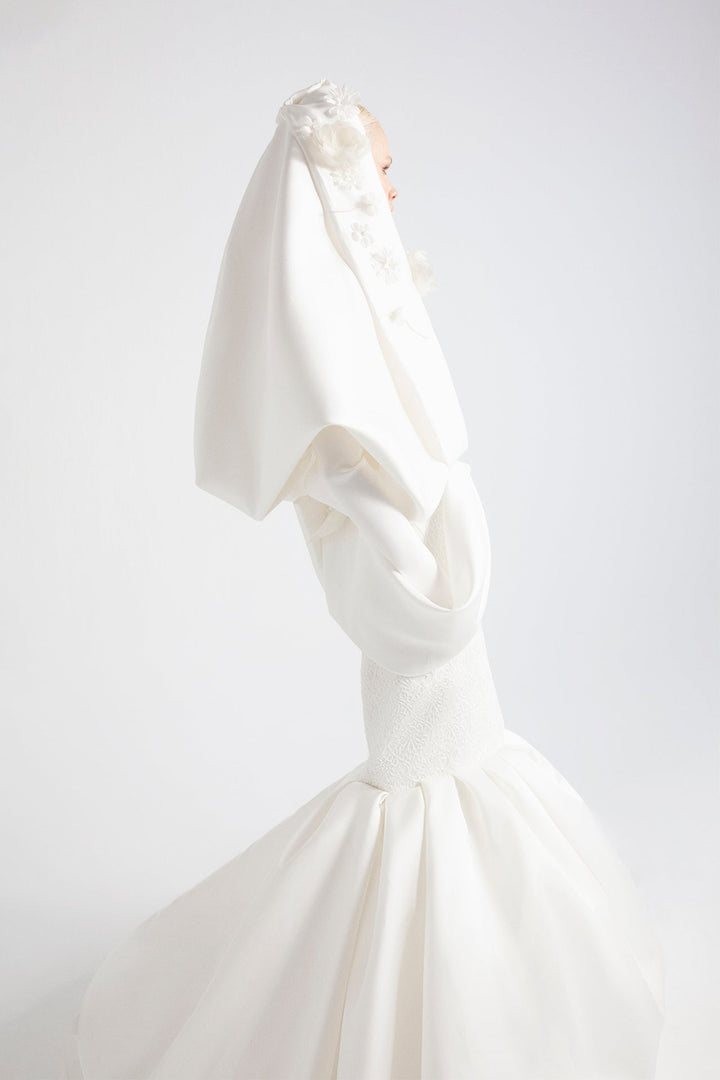 Guipure and Taffeta Top with Trumpet Skirt and Shawl