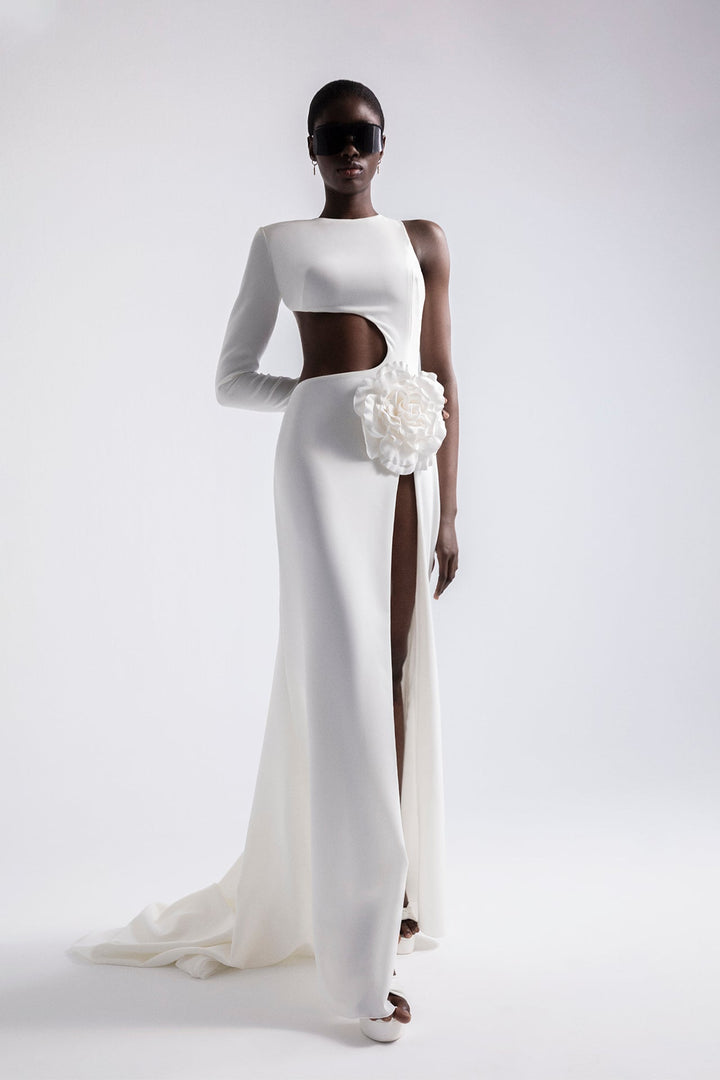 Asymmetric Fitted Wedding Dress with Floral Applique